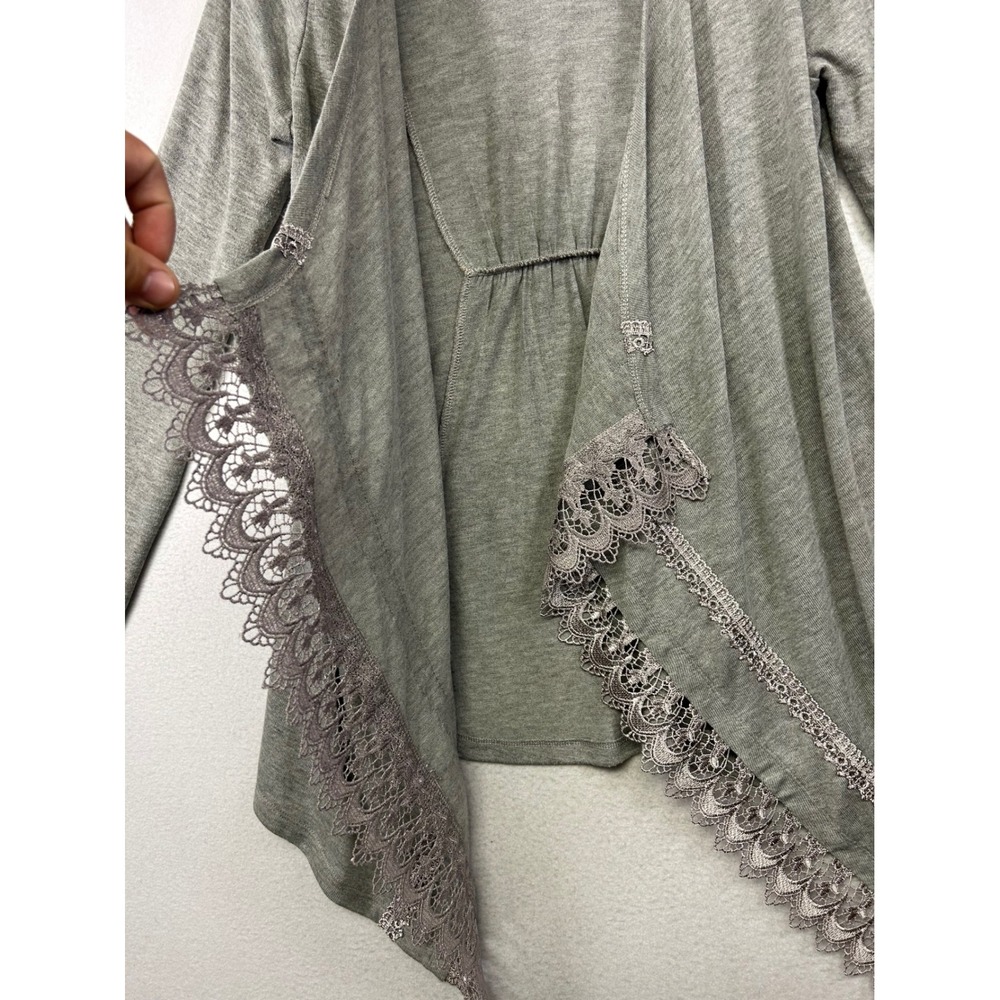 Boho One World Womens Med Gray Lace Trim Open Front Waterfall Cardigan Sweater - Picture 8 of 12